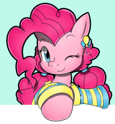 Size: 1500x1609 | Tagged: safe, artist:flam3zero, pinkie pie, g4, alternate hairstyle, clothes, cute, diapinkes, ear piercing, earring, female, jewelry, piercing, pigtails, smiling, solo, style emulation, wink, yuji uekawa style