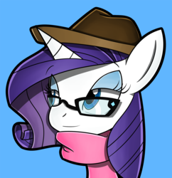 Size: 1500x1552 | Tagged: safe, artist:flam3zero, rarity, g4, clothes, female, glasses, hat, hipster, portrait, scarf, smiling, solo, style emulation, trilby, yuji uekawa style