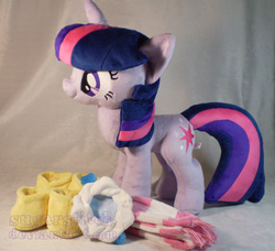 Size: 834x760 | Tagged: safe, artist:sugarstitch, twilight sparkle, g4, winter wrap up, accessory, clothes, irl, photo, plushie, saddle, scarf, solo