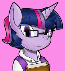 Size: 1500x1639 | Tagged: safe, artist:flam3zero, twilight sparkle, g4, alternate hairstyle, book, clothes, female, glasses, looking at you, ponytail, portrait, smiling, solo, style emulation, sweater vest, yuji uekawa style