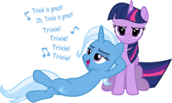 Size: 2852x1715 | Tagged: safe, artist:zacatron94, trixie, twilight sparkle, alicorn, pony, g4, annoyed, comic sans, female, mare, simple background, singing, song reference, transparent background, twilight sparkle (alicorn), vector