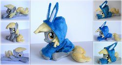 Size: 1225x651 | Tagged: safe, artist:lavim, derpy hooves, pegasus, pony, g4, bunny ears, clothes, cute, derpabetes, female, hoodie, irl, mare, photo, plushie, solo