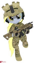 Size: 2238x4152 | Tagged: safe, artist:orang111, derpy hooves, pony, g4, ar-15, assault rifle, bipedal, body armor, clothes, combat, eotech, female, gloves, goggles, grenade launcher, headset, helmet, high res, hmd, inverted optic sight, lbt 6094, m320, magpul, military, multicam, night vision goggles, picatinny rail, running, solo, weapon
