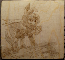Size: 2456x2292 | Tagged: safe, artist:augustbebel, artist:kp-shadowsquirrel, fluttershy, pegasus, pony, g4, bunny ears, clothes, costume, dangerous mission outfit, drink, female, flutterbadass, goggles, high res, hoodie, irl, mare, photo, pyrography, solo, traditional art, woodwork