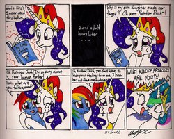 Size: 999x800 | Tagged: safe, artist:newyorkx3, princess celestia, rainbow dash, oc, fanfic:my little dashie, g4, book, comic, crying, queen lumina, sad, traditional art