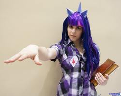 Size: 2048x1622 | Tagged: artist needed, safe, twilight sparkle, human, g4, 2014, book, convention, cosplay, emerald city comic con, irl, irl human, photo, solo