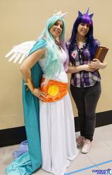 Size: 1322x2048 | Tagged: safe, princess celestia, twilight sparkle, human, g4, cosplay, irl, irl human, photo