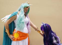 Size: 2048x1499 | Tagged: safe, princess celestia, twilight sparkle, human, g4, cosplay, irl, irl human, photo