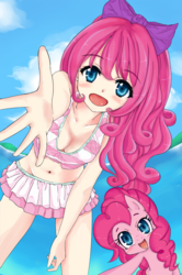 Size: 665x1000 | Tagged: safe, artist:d-tomoyo, pinkie pie, human, g4, anime, bikini, cleavage, clothes, female, human ponidox, humanized, swimsuit