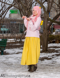 Size: 791x1024 | Tagged: artist needed, safe, fluttershy, human, g4, 2014, clothes, cosplay, irl, irl human, long skirt, photo, skirt, solo, sweater, sweatershy, toronto comic con