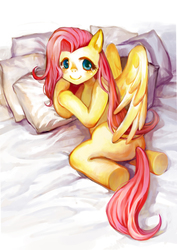 Size: 1181x1671 | Tagged: safe, artist:no.ray, fluttershy, g4, anatomically incorrect, bed, female, incorrect leg anatomy, looking at you, pillow, pixiv, solo, underhoof