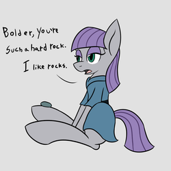 Size: 1026x1024 | Tagged: safe, artist:metalaura, boulder (g4), maud pie, pony, g4, cloak, clothes, dress, dressed, female, rock, shirt, sitting, solo, text