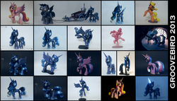 Size: 2100x1200 | Tagged: safe, artist:groovebird, pinkie pie, princess cadance, princess celestia, princess luna, twilight sparkle, alicorn, pony, g4, compilation, craft, female, glowing, irl, mare, night guard, older, photo, sculpture, stargazing, telescope, twilight sparkle (alicorn)