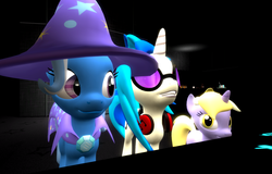 Size: 1600x1024 | Tagged: safe, artist:viranimation, dinky hooves, dj pon-3, trixie, vinyl scratch, g4, 3d, gmod, turntable