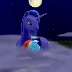 Size: 790x798 | Tagged: safe, artist:lemurkatta, princess luna, rainbow dash, g4, cloud, night