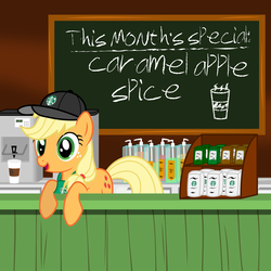 Size: 3000x3000 | Tagged: safe, artist:jackofmosttrades, applejack, g4, barista, clothes, cute, fast food, female, high res, open mouth, parody, shop, solo, starbucks, that pony sure does love apples, working