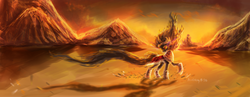 Size: 1800x700 | Tagged: safe, artist:aquagalaxy, king sombra, pony, unicorn, g4, armor, cape, clothes, colored horn, crystal empire, curved horn, dark magic, horn, looking back, magic, male, solo, sombra eyes, sombra horn, stallion, sunset, windswept mane