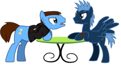 Size: 1211x659 | Tagged: safe, artist:fimbulvinter, doctor whooves, star hunter, time turner, earth pony, pegasus, pony, g4, argument, background pony, duo, jack harkness, male, ninth doctor, ponified, simple background, sonic screwdriver, stallion, table, the doctor, torchwood, torchwood: equestria, transparent background, vector