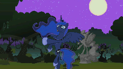 Size: 1280x720 | Tagged: safe, screencap, princess luna, g4, luna eclipsed, animated, belly, cloud, cloudy, everfree forest, female, flapping, flying, forest, gesture, gif, magic, moon, nightmare night, pose, shaking, solo, statue, storm, traditional royal canterlot voice, weather control, wind
