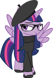 Size: 835x1204 | Tagged: safe, artist:kanrabat, twilight sparkle, alicorn, pony, g4, bedroom eyes, beret, clothes, female, glasses, hipster, mare, shoes, simple background, solo, sweater, transparent background, turtleneck, twilight sparkle (alicorn), vector