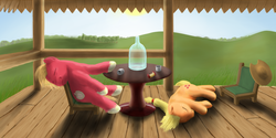 Size: 1000x500 | Tagged: safe, artist:lemurkatta, applejack, big macintosh, earth pony, pony, g4, drunk, drunk aj, fluffy, male, moonshine, passed out, stallion, table, veranda