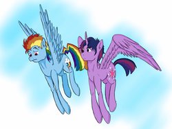 Size: 1024x768 | Tagged: safe, artist:skyshouldbesilver, rainbow dash, twilight sparkle, alicorn, pony, g4, my little pony: friendship is magic, testing testing 1-2-3, dusk shine, prince dusk, rainbow blitz, rule 63, scene interpretation, twilight sparkle (alicorn)