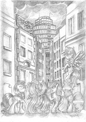 Size: 3507x4960 | Tagged: safe, artist:piterq12, applejack, fluttershy, pinkie pie, rainbow dash, rarity, twilight sparkle, crisis equestria, g4, city, drawing, mane six, monochrome, pandemonium, sketch, traditional art