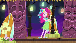 Size: 1280x720 | Tagged: safe, screencap, pinkie pie, equestria girls, g4, my little pony equestria girls: rainbow rocks, shake your tail, clothes, feet, female, grass skirt, hula, hulapie, lei, musical instrument, sandals, skirt, solo, ukulele