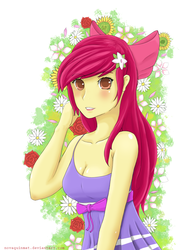 Size: 1800x2400 | Tagged: safe, artist:novaquinmat, apple bloom, human, g4, blushing, breasts, cleavage, cutie mark, female, flower, humanized, older, older apple bloom, pony coloring, solo, spring