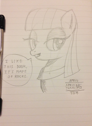 Size: 2340x3184 | Tagged: safe, artist:boxedsurprise, maud pie, earth pony, pony, g4, female, grayscale, high res, lined paper, monochrome, sketch, solo, traditional art