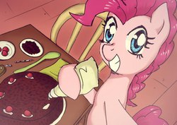 Size: 564x400 | Tagged: dead source, safe, artist:239asd, pinkie pie, earth pony, pony, g4, black forest cake, cake, cooking, cute, diapinkes, female, looking at you, selfie, smiling, solo