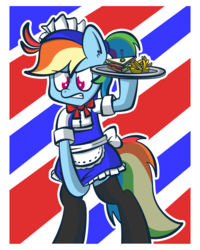 Size: 2304x2880 | Tagged: safe, artist:dahhez, rainbow dash, pony, semi-anthro, g4, abstract background, alternate hairstyle, bipedal, bowtie, clothes, female, food, hiding, high res, maid, ponytail, rainbow dash always dresses in style, sandwich, simple background, skirt, socks, solo, waitress, wingless