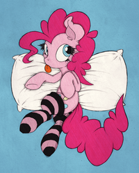 Size: 799x1000 | Tagged: dead source, safe, artist:dfectivedvice, artist:thepolymath, pinkie pie, g4, clothes, colored, female, pillow, socks, solo, striped socks, tongue out