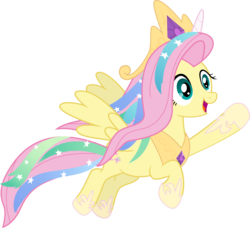 Size: 6571x6000 | Tagged: safe, artist:serenawyr, fluttershy, pegasus, pony, g4, testing testing 1-2-3, absurd resolution, celestia costume, celestia's crown, clothes, costume, crown, cute, fake horn, female, flying, implied princess celestia, jewelry, mare, peytral, regalia, shylestia, simple background, solo, transparent background, vector