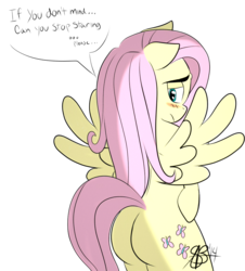 Size: 898x994 | Tagged: safe, artist:xxxsketchbookxxx, fluttershy, pony, semi-anthro, g4, bipedal, blushing, butt, dialogue, female, looking back, mare, plot, shy, solo, speech bubble