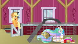 Size: 1280x720 | Tagged: safe, artist:mentik, applejack, princess celestia, alicorn, earth pony, pony, g4, apple, barn, cage, cake, cakelestia, lying down, muffin, sitting, trap (device), worried