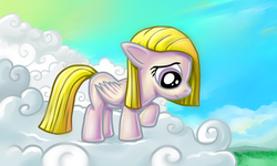 Size: 2000x1200 | Tagged: safe, artist:alexmakovsky, surprise, g1, g4, cloud, cloudy, female, filly, g1 to g4, generation leap, solo, surprisamena