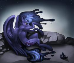 Size: 1260x1080 | Tagged: dead source, safe, artist:hanabitaihou, artist:sunbusting, princess luna, semi-anthro, g4, alexandre cabanel, concave belly, crown, crying, ethereal mane, fallen angel, female, fine art parody, fit, human shoulders, jewelry, large wings, muscles, regalia, slender, solo, thin, wings