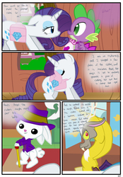 Size: 1741x2500 | Tagged: safe, artist:pyruvate, angel bunny, discord, rarity, spike, rabbit, comic:dragon queen, g4, banana suit, cane, clothes, comic, hat