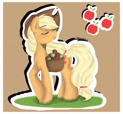 Size: 930x860 | Tagged: safe, artist:drawing-heart, applejack, g4, chest fluff, eyes closed, female, saddle bag, solo