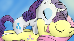 Size: 5333x3000 | Tagged: safe, artist:replaymasteroftime, fluttershy, rarity, pegasus, pony, unicorn, g4, duo, eyes closed, female, kiss on the lips, kissing, lesbian, mare, ship:flarity, shipping