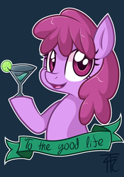 Size: 700x1000 | Tagged: dead source, safe, artist:php92, berry punch, berryshine, earth pony, pony, g4, alcohol, cocktail, drink, female, hoof hold, lime, looking at you, old banner, open mouth, smiling, solo