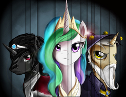 Size: 1650x1275 | Tagged: safe, artist:d-lowell, king sombra, princess celestia, star swirl the bearded, pony, unicorn, g4, fringe, reflections star swirl