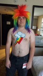 Size: 580x1032 | Tagged: safe, rainbow dash, human, g4, bodypaint, brony, cosplay, irl, irl human, palmer luckey, photo, solo, wig