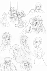 Size: 1285x1916 | Tagged: safe, artist:tell-me-lies, applejack, fluttershy, pinkie pie, rainbow dash, rarity, twilight sparkle, human, g4, book, glasses, humanized, mane six, mickey mouse, monochrome, reading, sketch dump, traditional art, wand