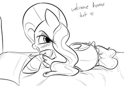 Size: 917x643 | Tagged: safe, artist:dotkwa, fluttershy, pegasus, pony, g4, bed, bedroom eyes, blushing, clothes, female, grayscale, heart, looking at you, looking back, mare, monochrome, on side, open mouth, smiling, socks, solo, striped socks, sultry pose