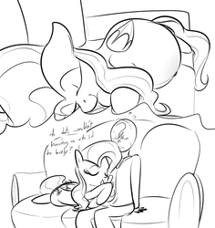 Size: 941x996 | Tagged: safe, artist:dotkwa, fluttershy, oc, oc:dot, human, g4, cuddling, eyes closed, grayscale, human male, imagining, interspecies, male, monochrome, nervous, on side, pregnant, sitting, smiling, snuggling, sweat, thought bubble