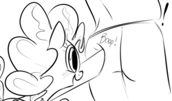 Size: 884x519 | Tagged: safe, artist:dotkwa, pinkie pie, oc, oc:anon, human, g4, ass, blushing, boop, butt, cute, grayscale, monochrome, open mouth, smiling