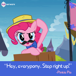 Size: 548x548 | Tagged: safe, screencap, pinkie pie, g4, official, trade ya!, bowtie, fake moustache, female, hat, hub logo, solo, the hub