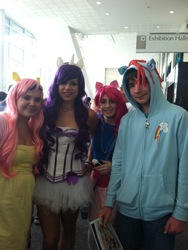 Size: 360x480 | Tagged: safe, fluttershy, pinkie pie, rainbow dash, rarity, human, g4, comic con, cosplay, group, irl, irl human, photo